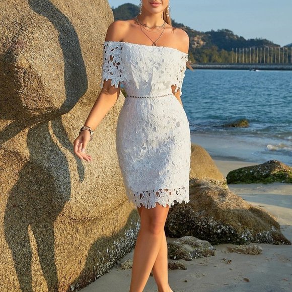 . Dresses & Skirts - White Boho Womens Off Shoulder Guipure Lace Dress